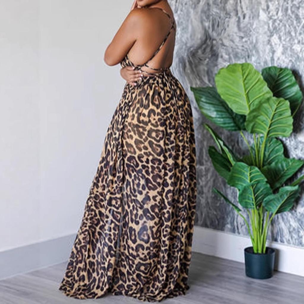 European Leopard Print Deep V-Neck Slit Dress with Cross Shoulder Straps and High Waist Design