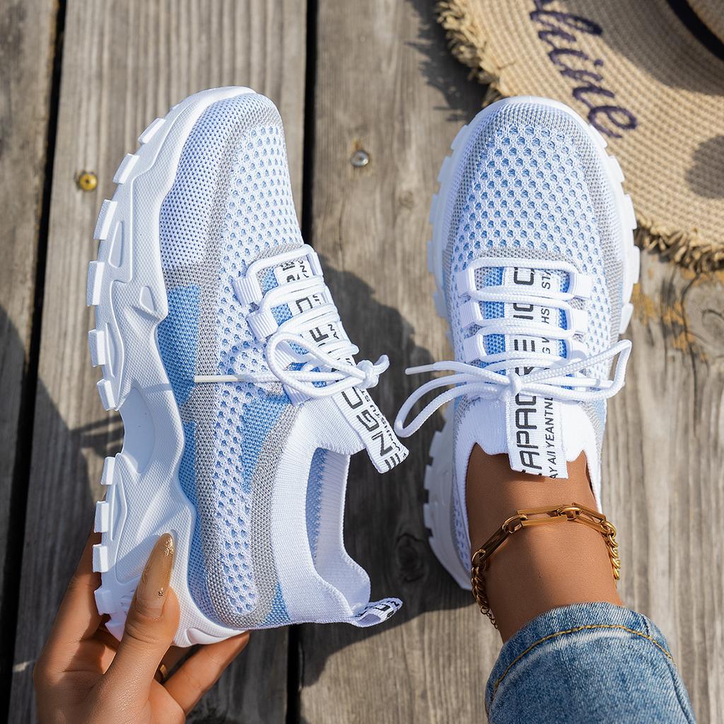 Women's Color Blocked Casual Sports Shoes, Flight Woven Breathable Lace Up Running Shoes, Fashionable Mesh Platform Casual Shoes