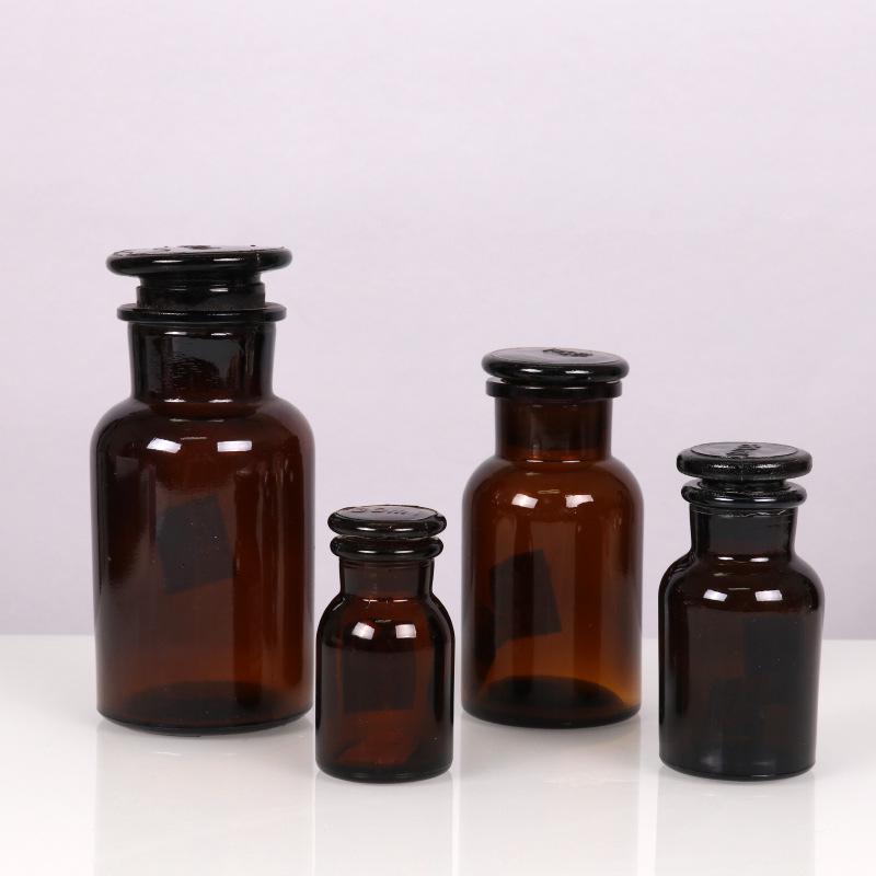 Amber Brown Thickened Wide-Mouth Reagent Bottle with Ground-Glass Stopper - Laboratory Chemical Sampling Bottle