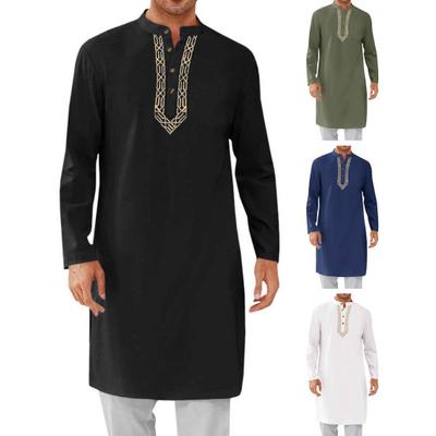 Men's Kaftan Robe O-Neck Long Sleeve Abaya Breathable Button-up Thobe Arabic Ihram Clothing for Casual Occasions Prayers