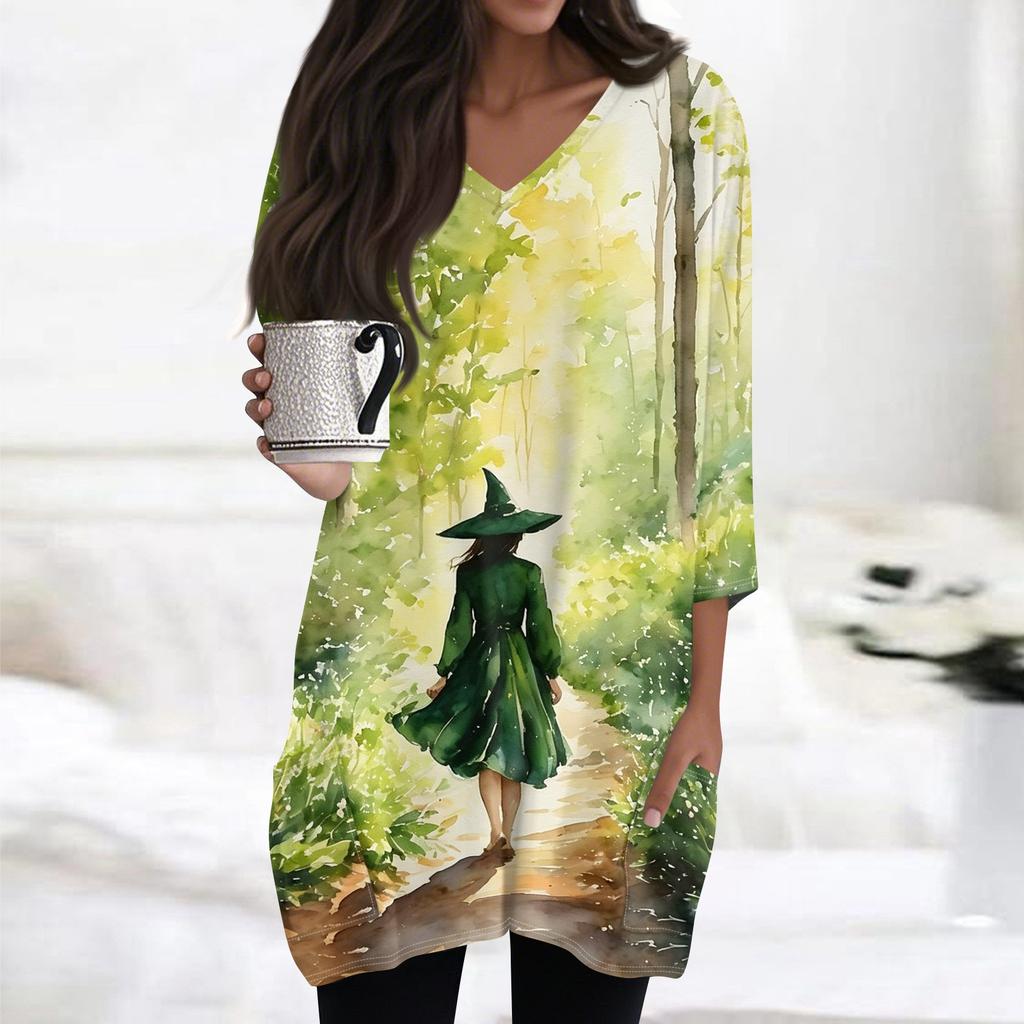 Women's Halloween Print V-Neck Tunic Top with Pockets 3/4 Sleeve for Casual Fall Wear