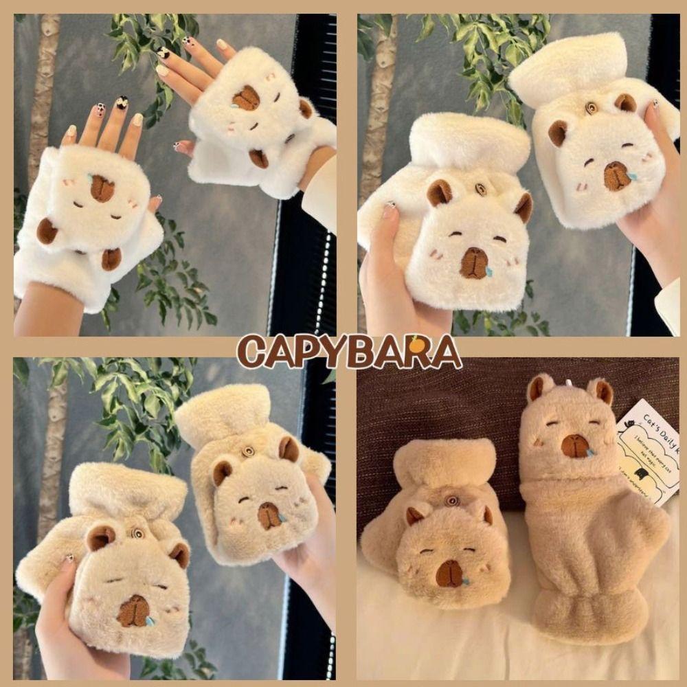 Flip Cover Capybara Gloves  Winter Velvet Gloves Lovely Women Mittens  Outdoor