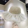 Women's Summer French Style Lace Pearl Trim Straw Woven Hat Wide Brim Japanese Style Beach Sunshade Foldable Sun Protection Hat