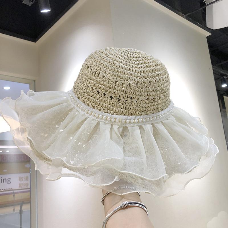 Women's Summer French Style Lace Pearl Trim Straw Woven Hat Wide Brim Japanese Style Beach Sunshade Foldable Sun Protection Hat
