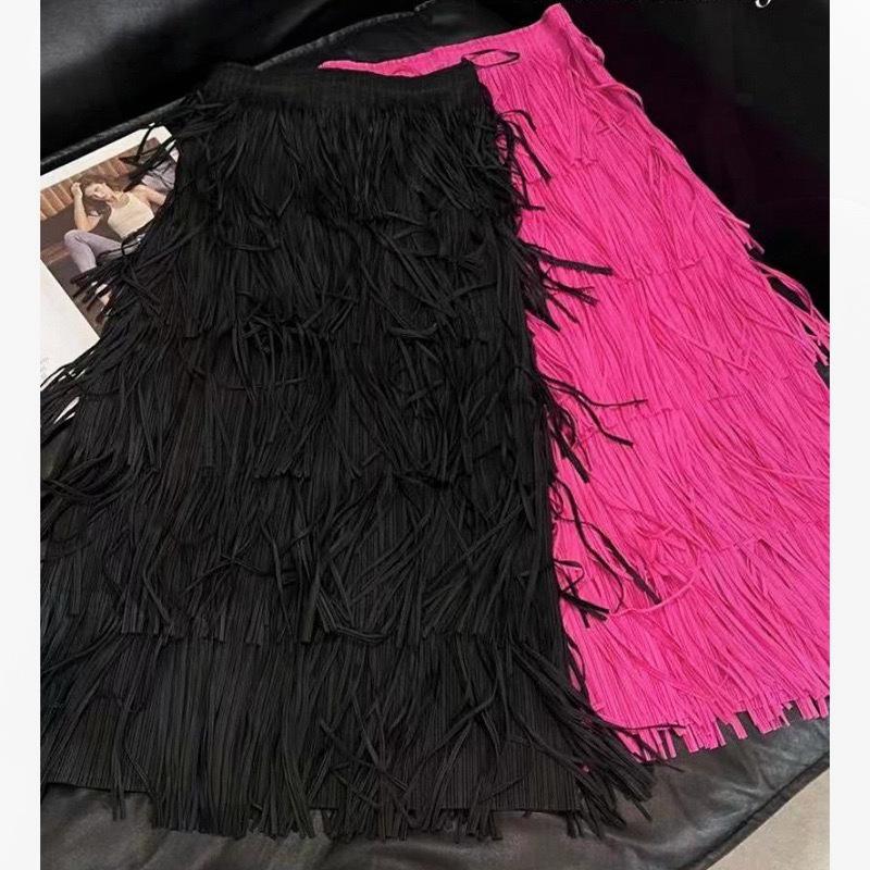 Miyake High-End Women's Tassel Layered Midi Skirt - Versatile & Slimming