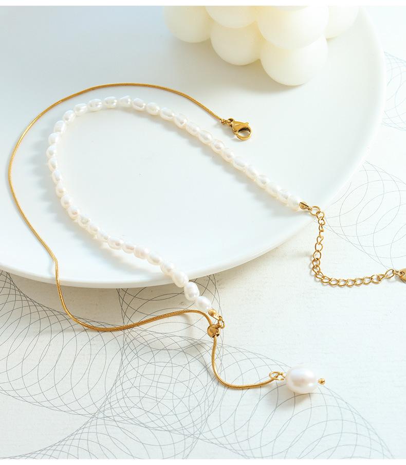 Retro Design Necklace: Titanium Steel with French Freshwater Pearl & Adjustable Tassel Pendant, Non-fading.