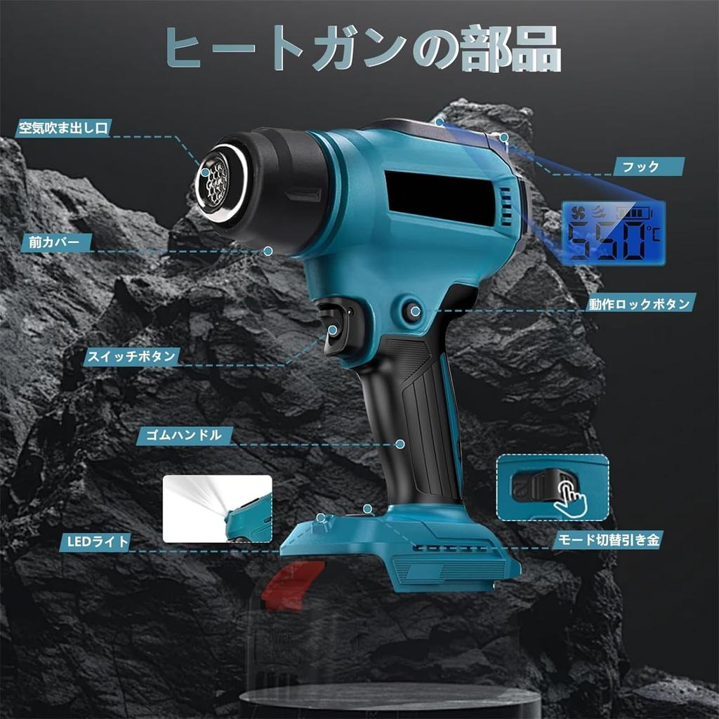 Bumxca Cordless Rechargeable Heat Gun Compact Display with Temperature and Battery Level Temperature Mode Dual Heater for Makita 18V Rapid 5 Nozzles