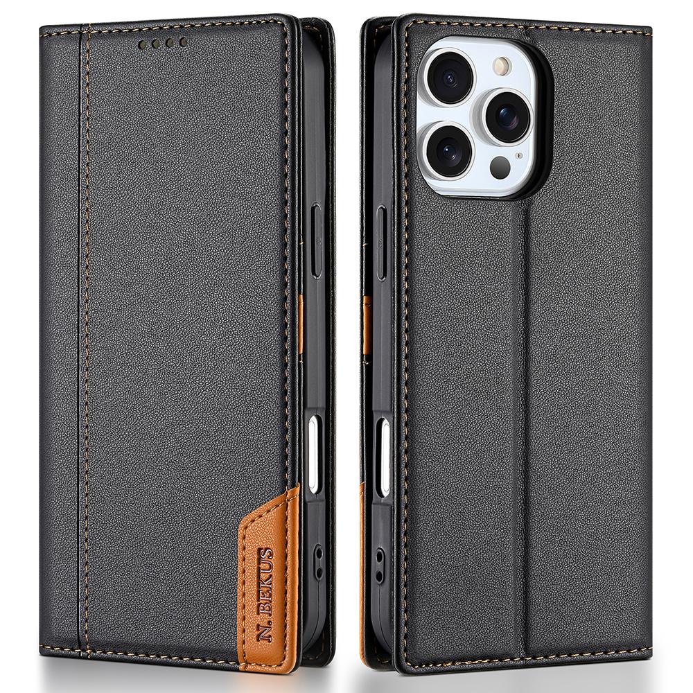 

N.BEKUS P3 For iPhone 16 Pro Case RFID Blocking Wallet Stand PU Leather Flip Phone Cover Black