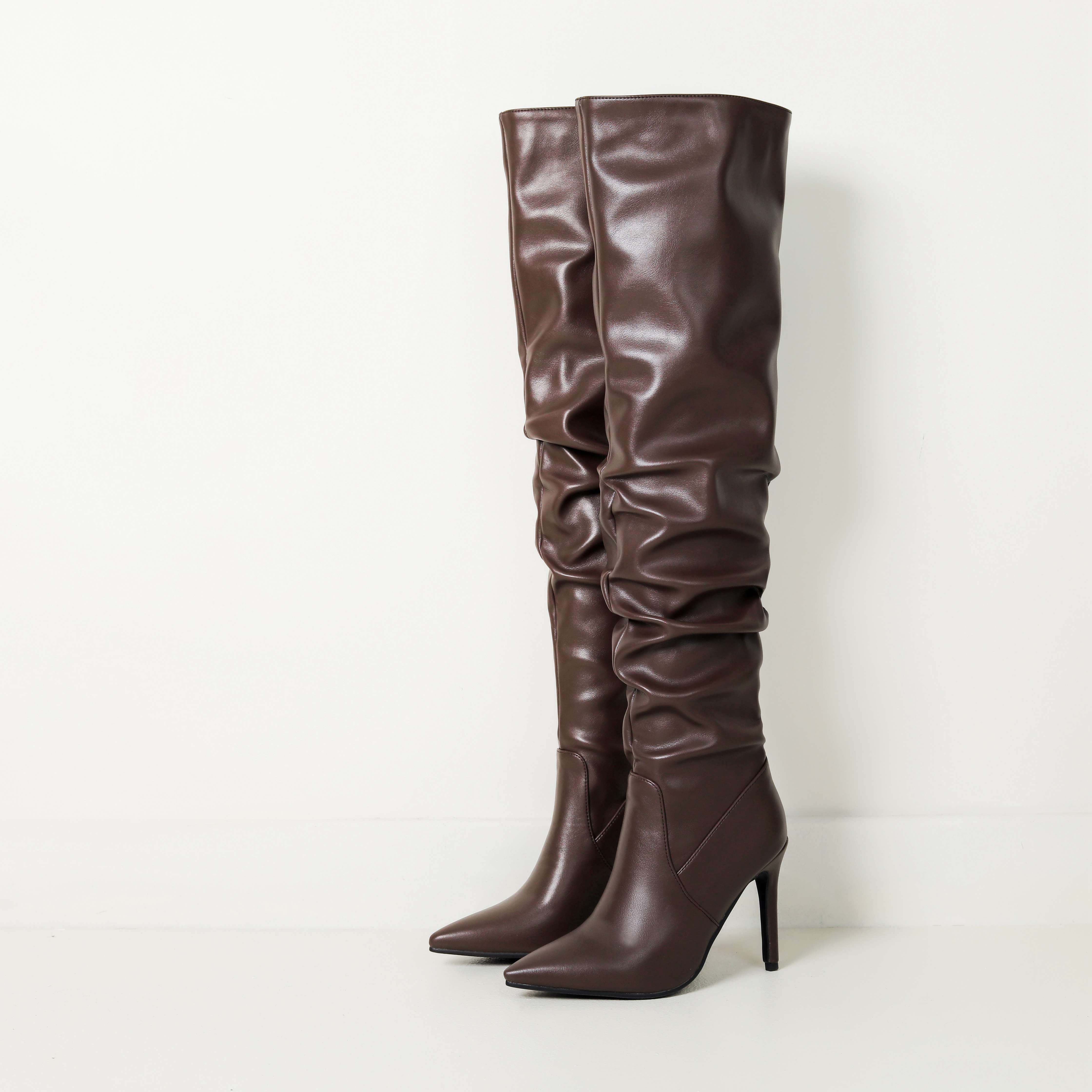 

lenkisen Осенне-зимняя обувь из ПУ с острым носком, на высоком каблуке-шпильке, сапоги для верховой езды, плиссированные, сохраняющие тепло, модные сапоги выше колена 35