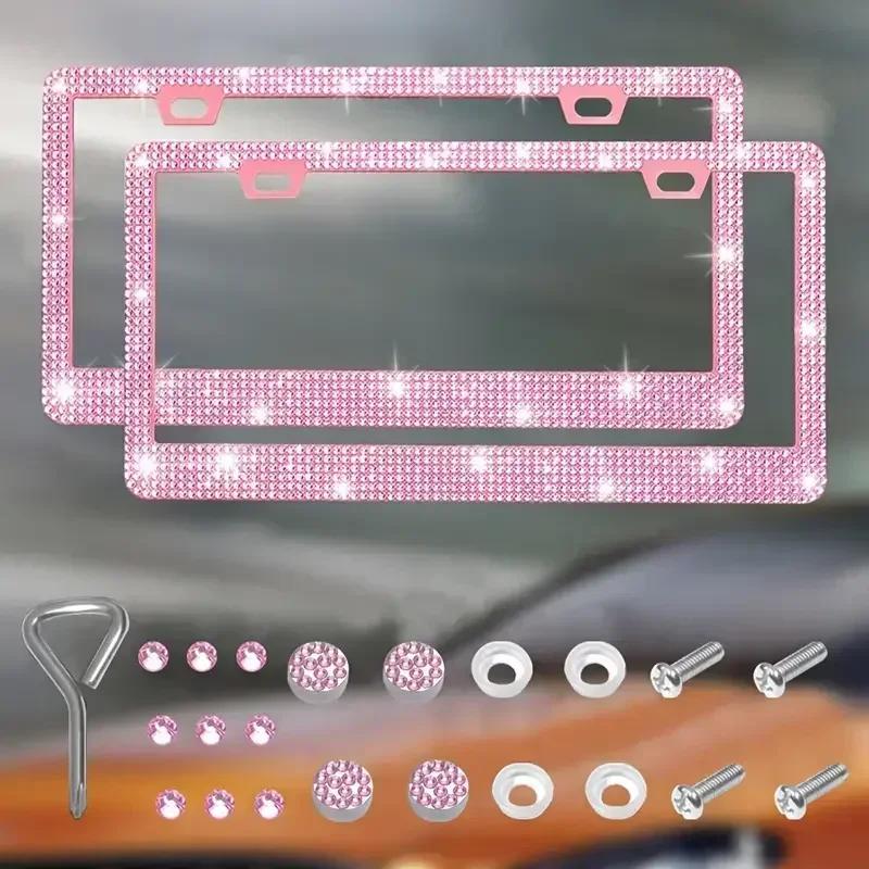 1/2pcs Bling Crystal License Plate Frame Luxury Car Frame Plate with Button Diamond Car License Plate Frame Cover for Women