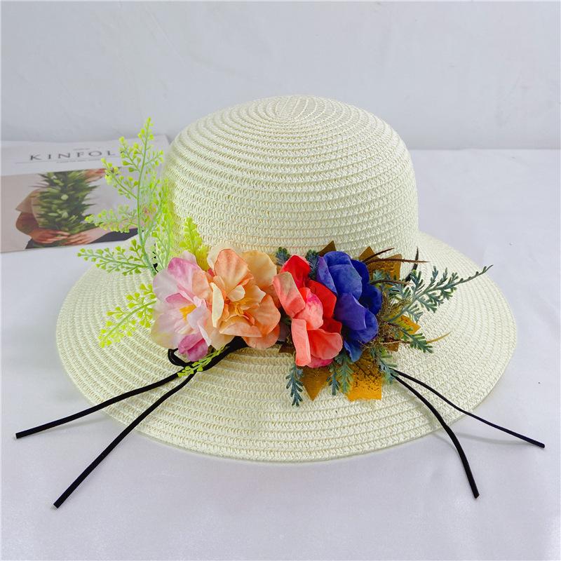 Pastoral flowers straw hat women summer sunscreen sunshade bucket hat travel seaside beach basin hat foldable