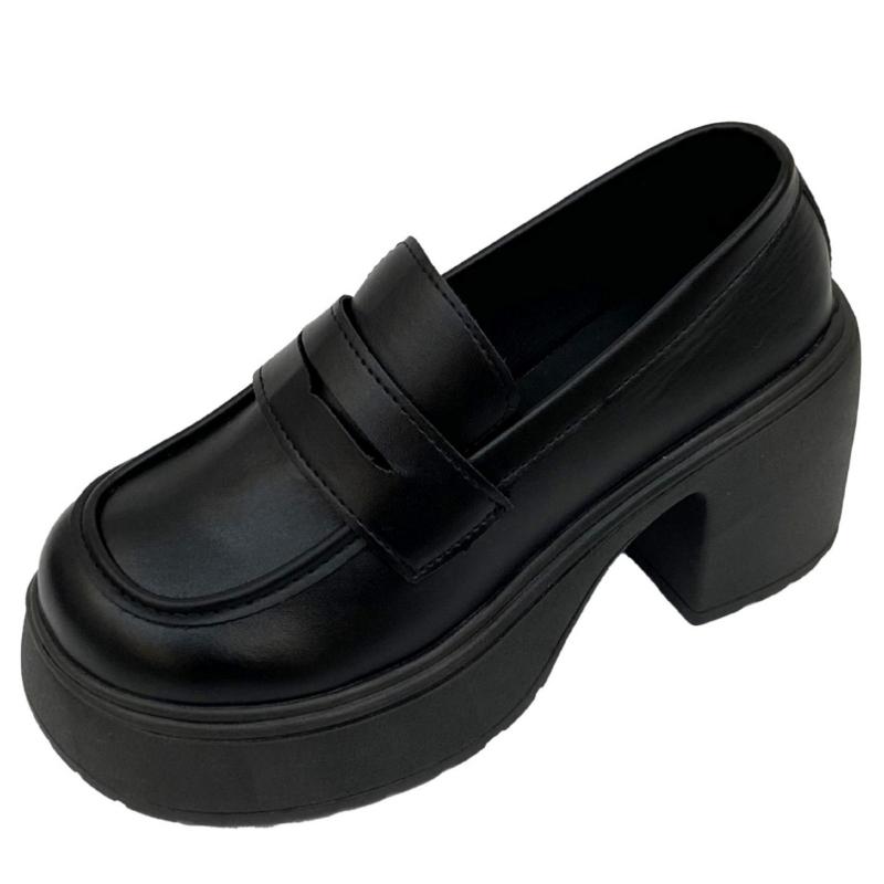 Spring Autumn New Versatile Shoes Ladies Thick Heeled Black Leather Shoes Retro Fashion High Heels Casual Women's Loafers Mujer