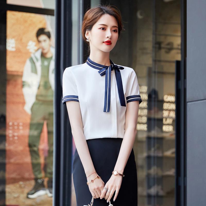 Summer Bowknot Blouse - Women's Professional Stand-Up Collar Short Sleeve Workwear for Hotel Reception