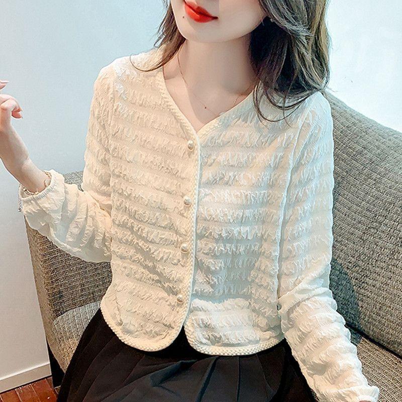 New Style Stitched V-neck Button Fashion Solid Color Versatile Casual Long-sleeved Top