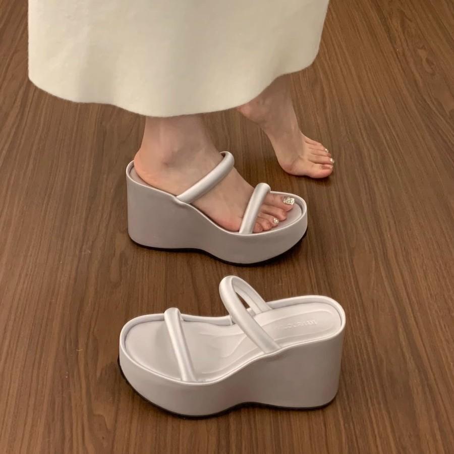 Fashion Summer Women Platform Wedges Heel Slippers Open Toe Thickness Slide Ladies Outdoor Beach Dress Sandalias Solid High Heel Shoes