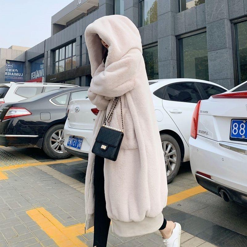 

Осенне-зимняя шуба из искусственного меха под кролика рекс, утолщенная, с капюшоном, длинная, свободного кроя, повседневная плюшевая куртка, большого размера, мужская и женская модель 2XL абрикосовый