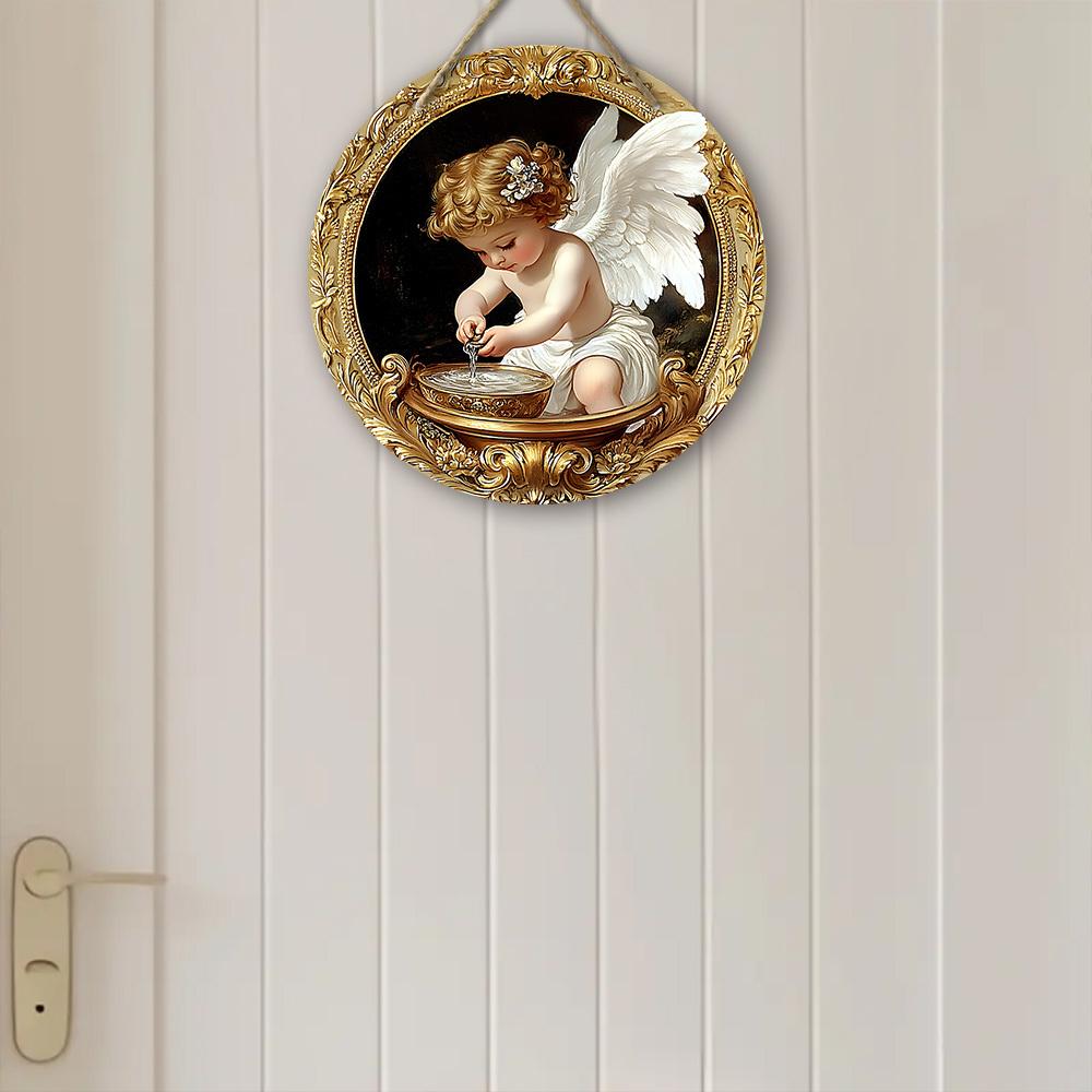 1pc Charming Angel Washing Hands House Wooden Hanging Sign Christmas Decor Christmas Wall Art Decoration Christmas Door Decor Garden Courtyard Party