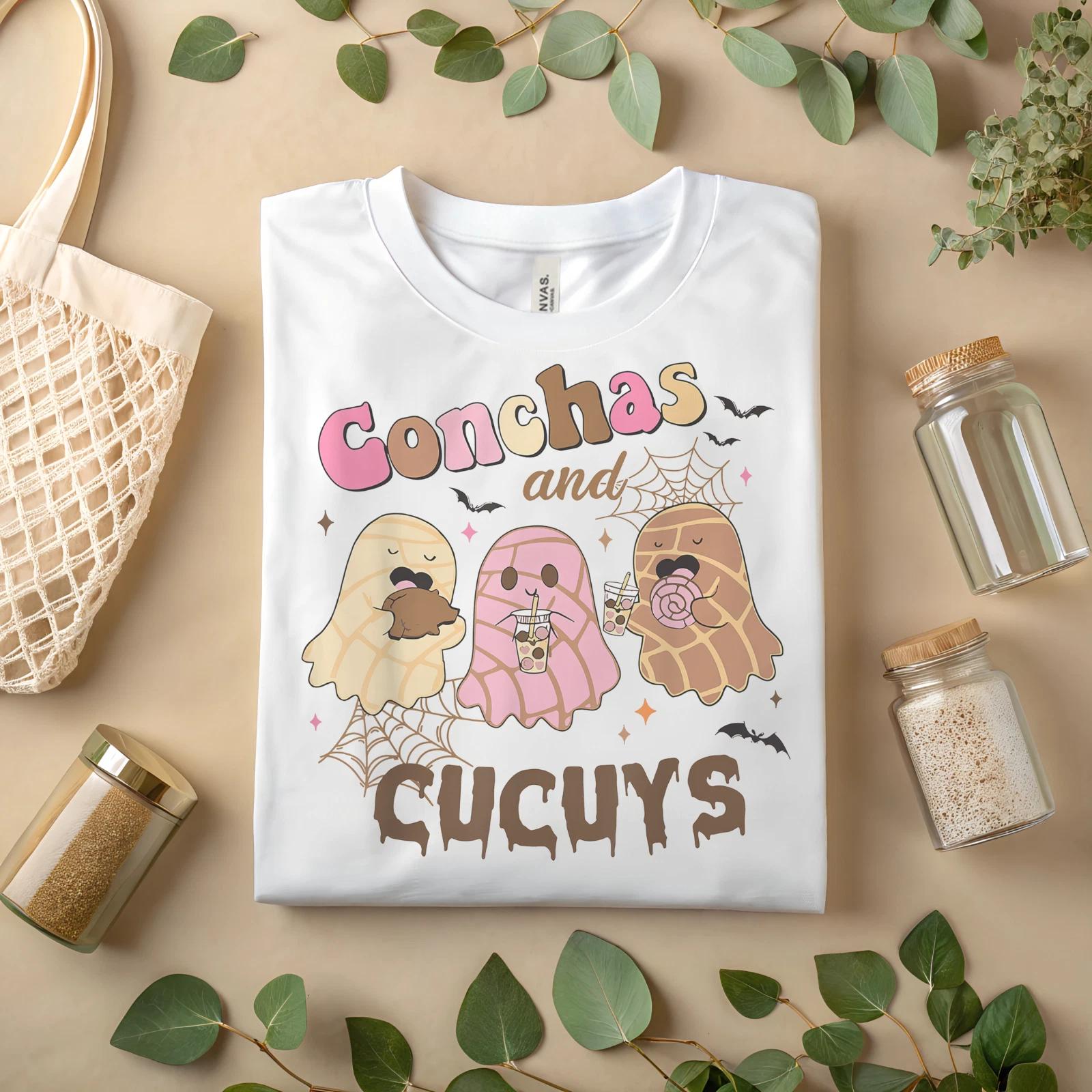 Conchas and Cucuy Halloween T-Shirt – Cute Pan Dulce Ghost Graphic Tee A259 L