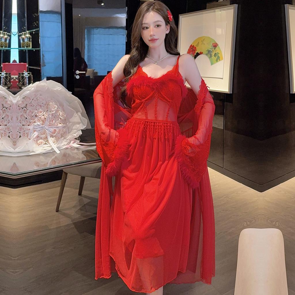 Xia Chunyi mesh nightdress lace lace long sleeve two-piece set fairy style court retro with chest pad