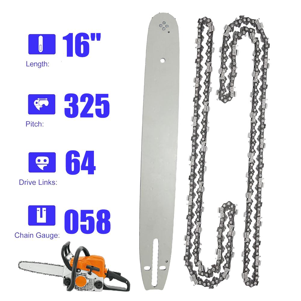 Barra Guía de Cadena para Motosierra de 16/18/20 Pulgadas. Paso .325". Calibre .058". 64/72/76 Eslabones Motrices para Husqvarna Oregon Stihl Echo