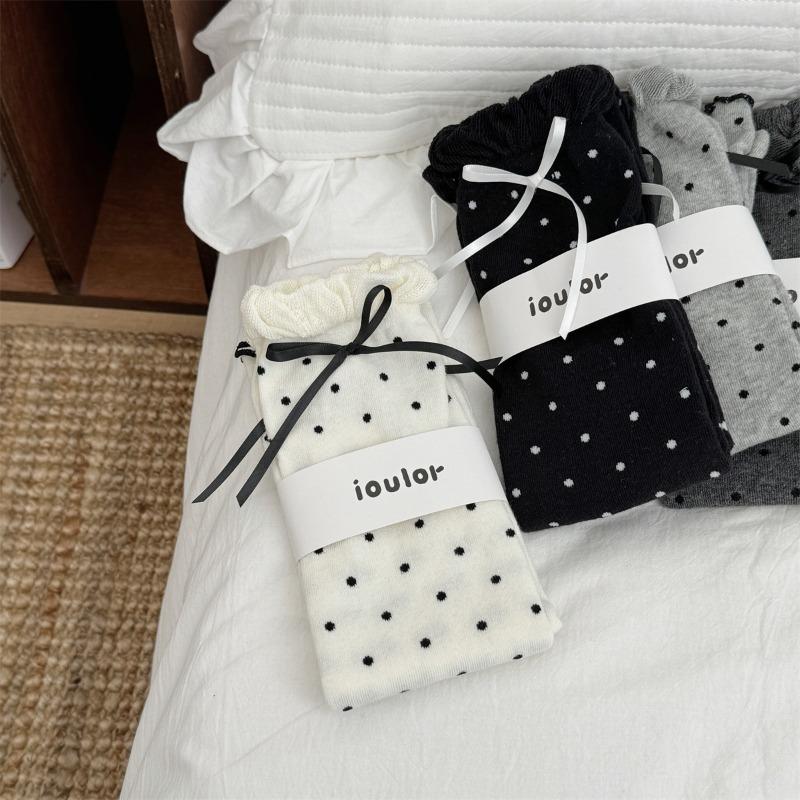 Retro Polka Dot Stocking with Bow Tie, Pile-up Stocking, Double-needle Stocking, Children's Slim-leg Stocking Set