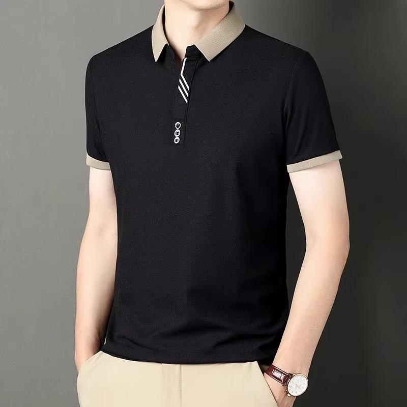 Summer Men's Polo Shirt Jacquard T-shirt Lapel Collar Color Block Casual Short Sleeve Tees Breathable Male Button Tops