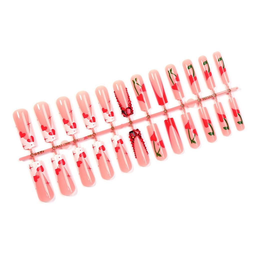 24Pcs French Fake Nails with Cherry Heart Design Fashionable Sweet And Cool Style Manicure for Woman