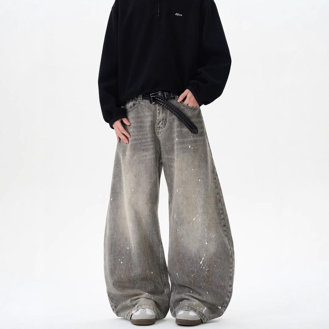 

Unisex Trendy Wide-Leg Gray Splatter Paint Jeans 2X Large