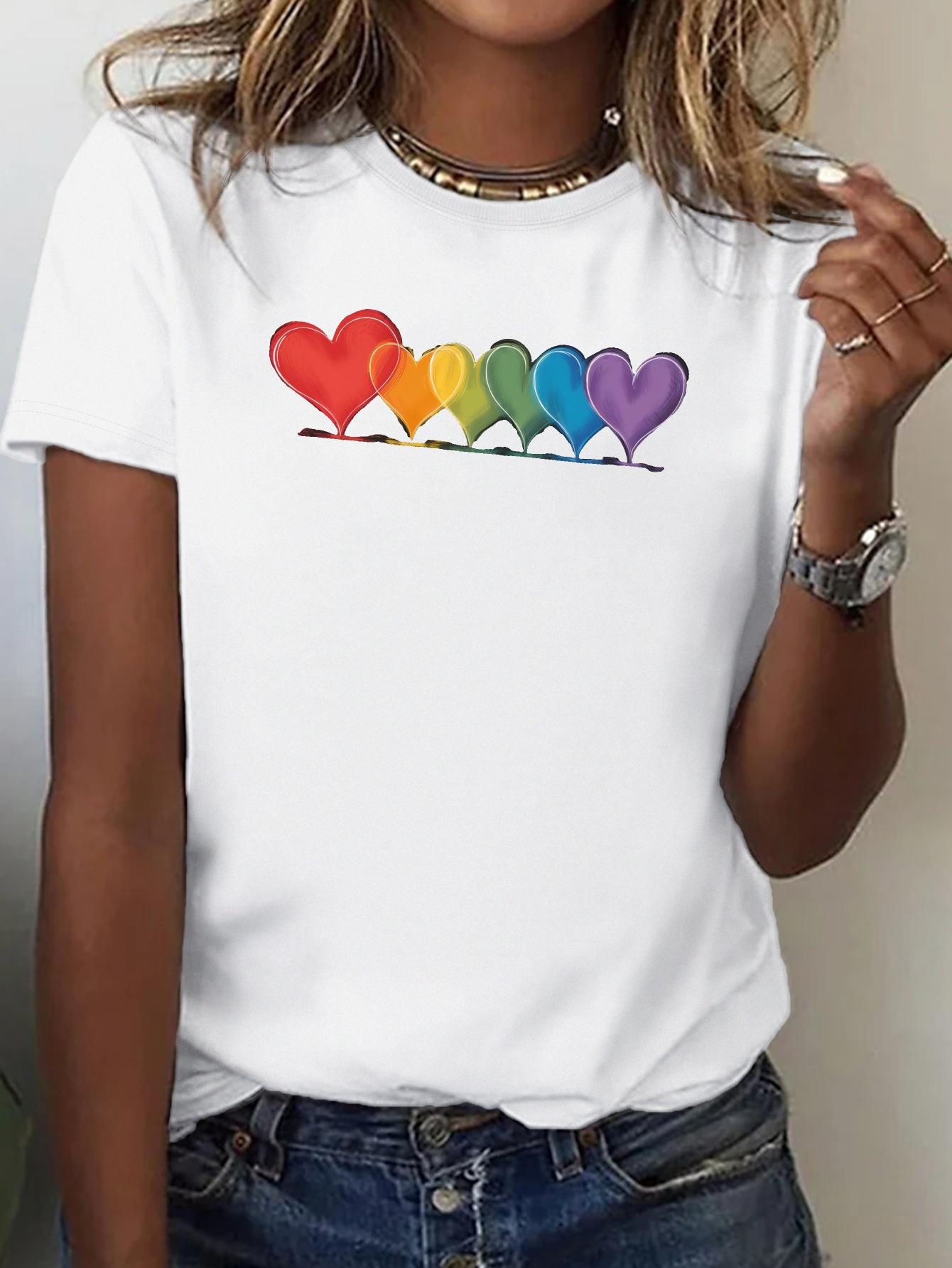 

With Colorful Heart Outlines Geometric Print Harajuku Short Sleeve Casual Tshirt Clothing Street Tops Tees Aesthetic Clothes S