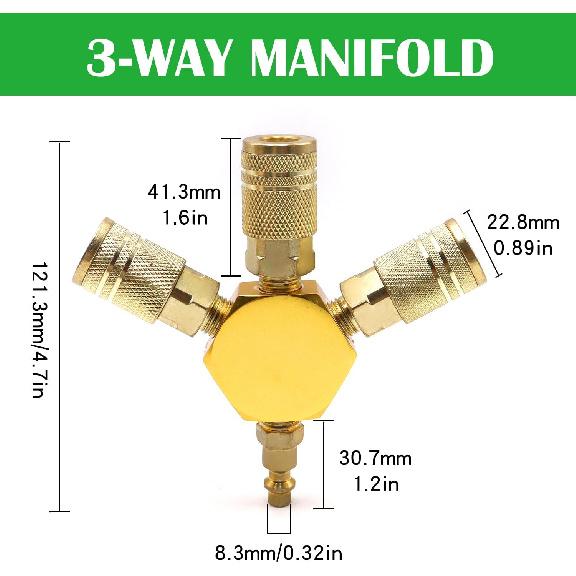 Air Splitter 3-Way Manifold Hex Style with 3 Pieces Brass Industrial Coupler and 1/4" Plug,Air Compressor Hose Accessories Quick Connect Fittings