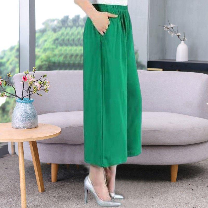 2026 Summer Solid Color Loose Straight Cropped Cotton Silk Pants for Middle-Aged and Elderly Women