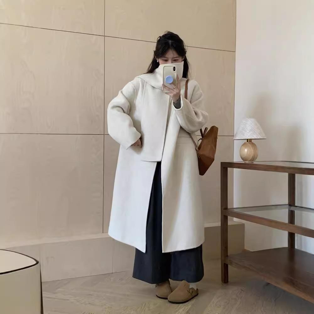 Loose version H version with scarf Loose double-sided wool coat, long thickened warm simple woolen coat