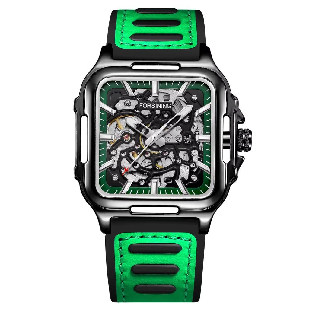 Forsining Square Dial Skeleton Watch Automatic Watch for Men Luxury Sports Mechanical Wristwatch Waterproof Luminous Leather Band