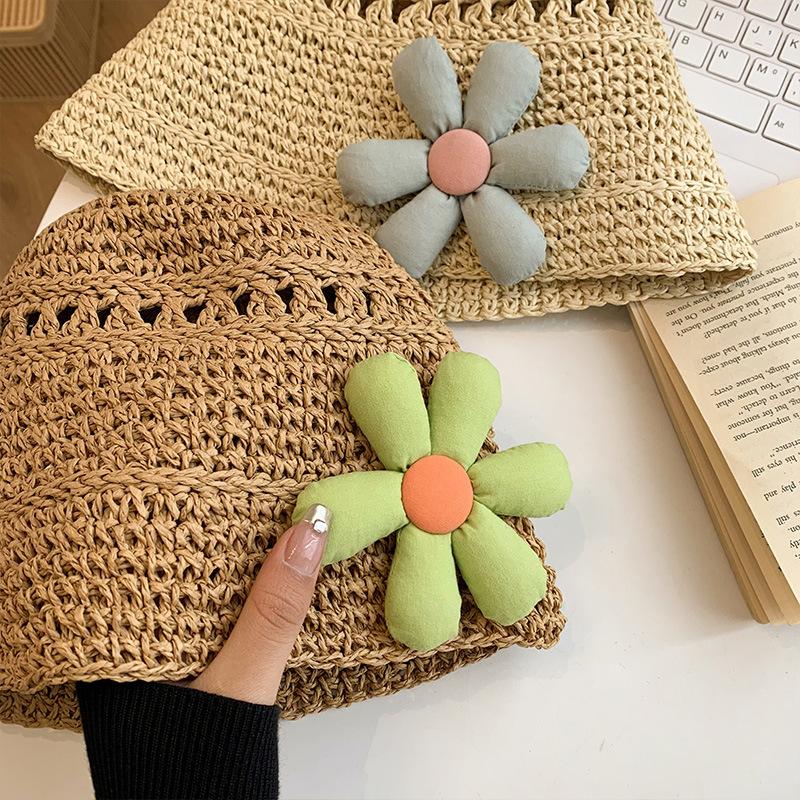 New Short Brim Sun Hat Women's Summer Handmade Straw Hat Sunscreen Small Flowers Cute Bucket Hat Tide