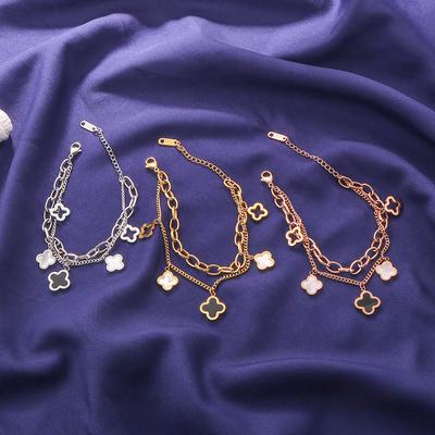 Pulsera Estilo Hip Hop Femenina, Trébol de Cuatro Hojas Doble Cadena Acero Titanio Joyería Oro Rosa 18k Pulsera Temperamento Pulsera