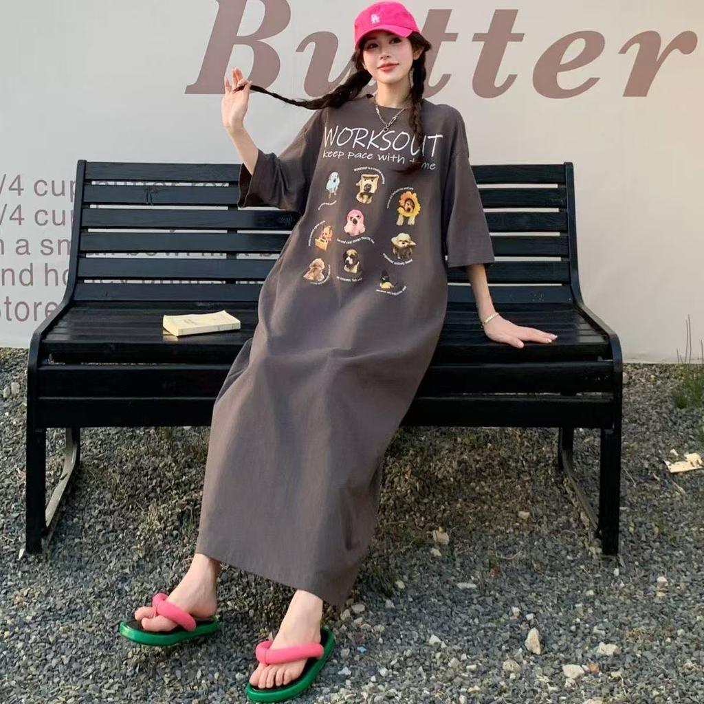 Korean Version of Summer New Dress Long Knee T-shirt Skirt Large Size Loose Simple Cartoon Print Lazy Dress
