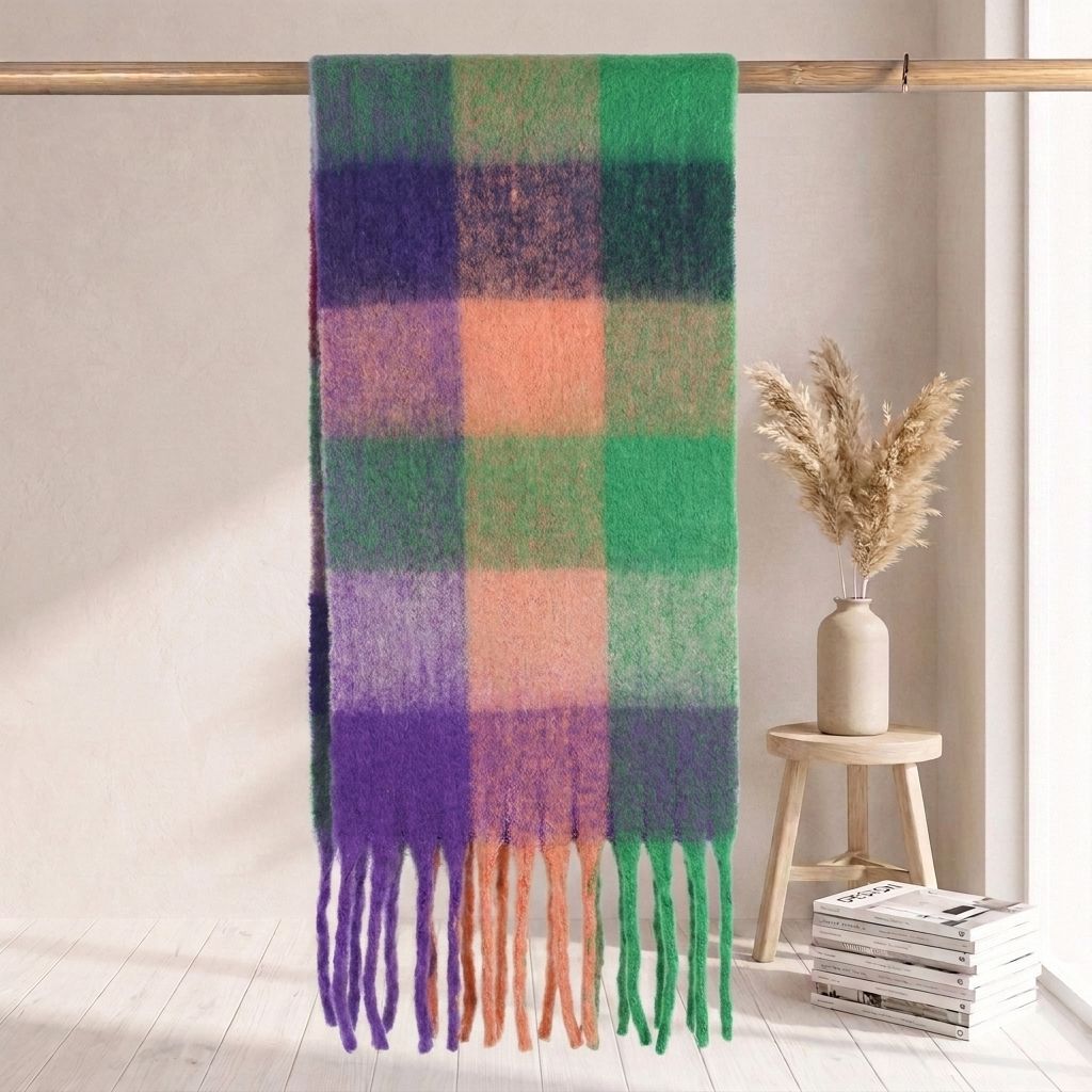 | Imitation mohair plaid scarf | Autumn and winter warm AC grid | Support LOGO customization