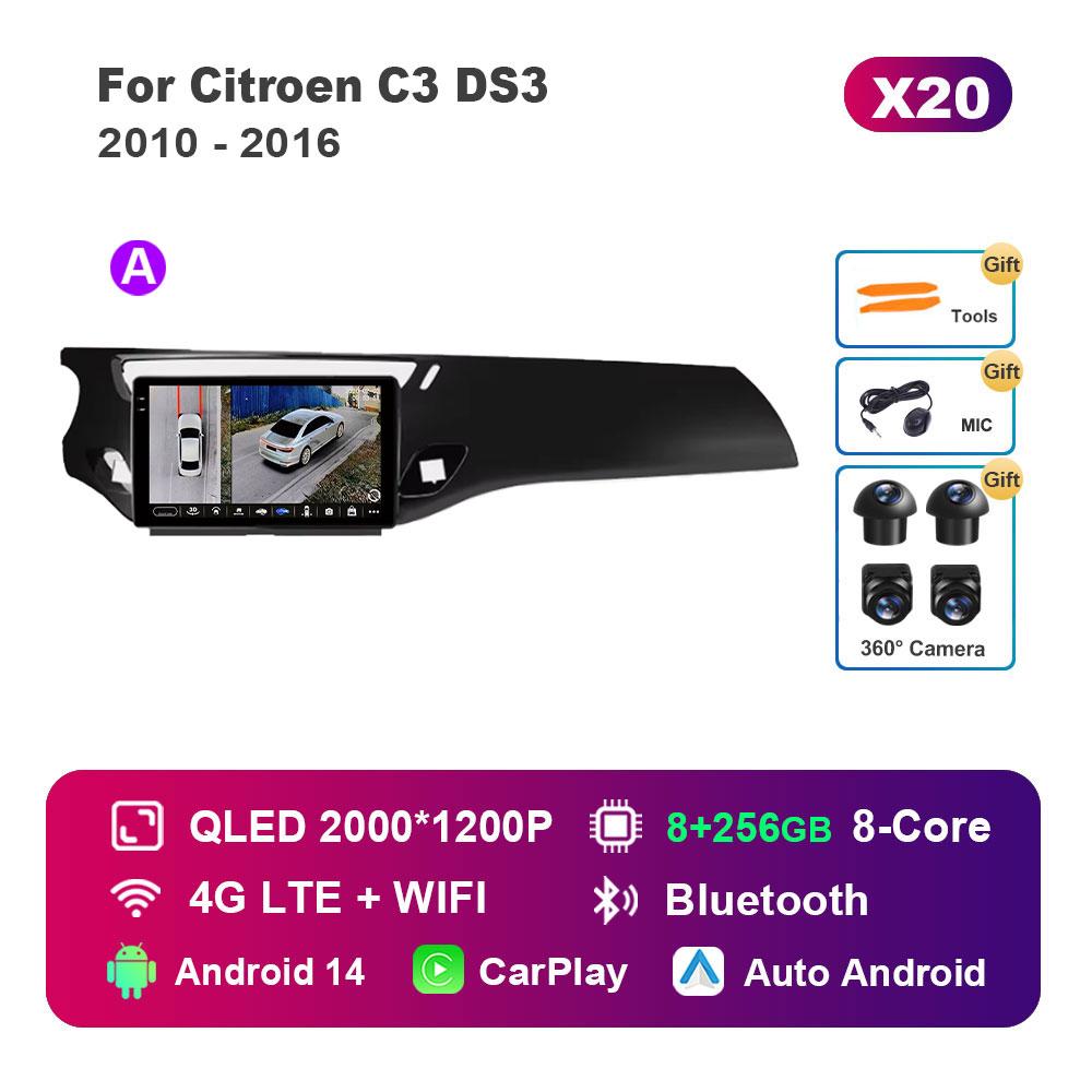 Car Video Multimedia Player DSP Stereo for Citroen C3 DS3 2010 - 2016 Android 14 System GPS Navi WiFi IPS Screen 4G Bluetooth