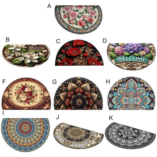 Floral Doormat Absorbent Half Round Floor Mat Non-Slip Door Mat Decorative Entrance Rug for Living Room Bathroom Kitchen