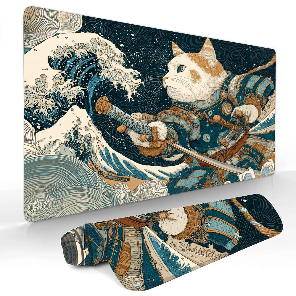 Ukiyoe Cat Samurai Gaming Mouse Pad Gaming Mats NonSlip Durable Desk Mat Mousepad With Stitched Edge HD Printing Office Mat