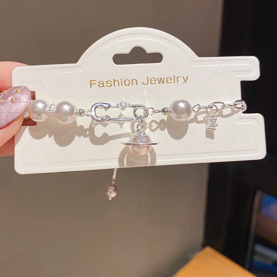 Fashionable Artificial Pearl Bracelet With Saturn Charm Handmade Geometric Accessory For Women