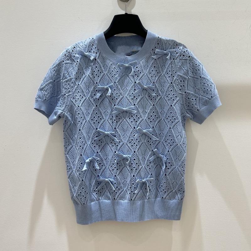 GlowGirl Spring Summer New Short-sleeved Women Sweater O-neck Jacquard Hollow Thin Knitwear Sweater Pullovers Lady Jumper Knitted Tops