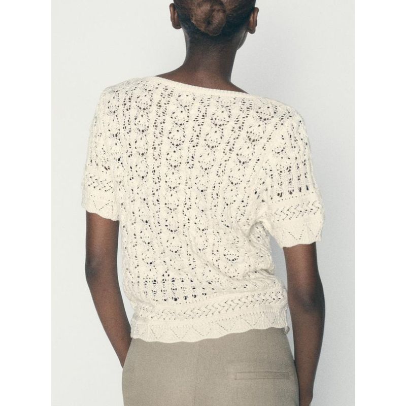 Za2024 Summer New Product Women's Clothes Artificial Pearl Decorated Row Button Mesh Knitting Short Sleeve Jacket 9598123 712