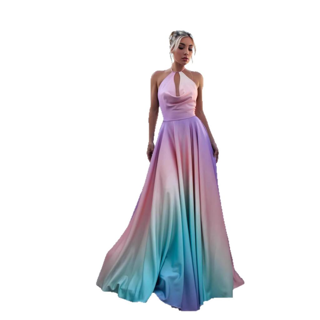 2026 Elegantes Abendkleid mit tiefem V-Ausschnitt und Farbverlauf: Damenkleid mit taillierter Taille, großem Saum, lang