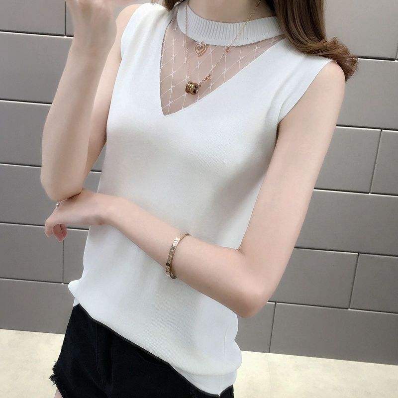 Závěsná vesta pro ženy Pletená černá a bílá košile se spodním okrajem Nadměrná velikost sexy top bez rukávů