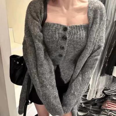Korean-Style Alpaca Wool Two-Piece Set: Chunky Knit Bandeau + Loose Sweater Cardigan