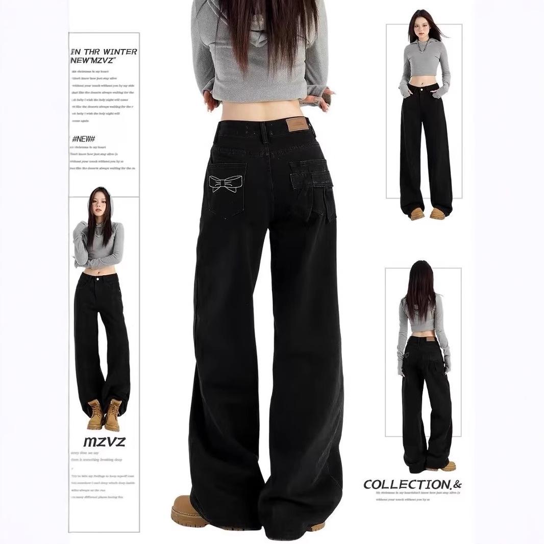 

Retro Black Butterfly Embroidered High-Waist Straight-Leg Jeans Large