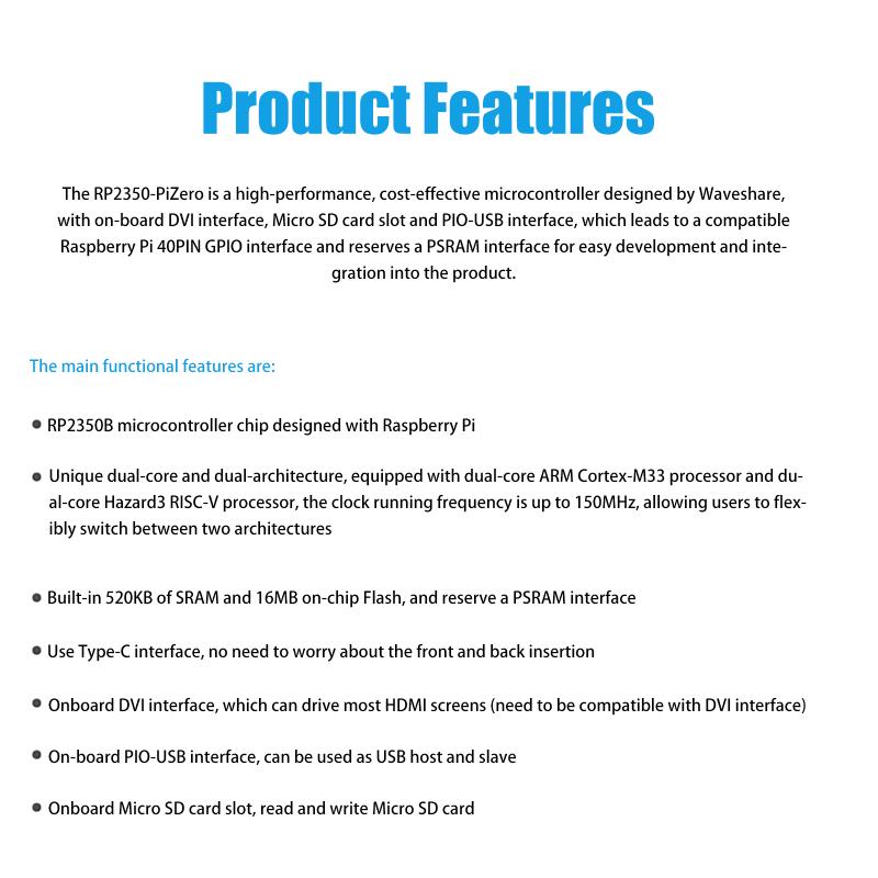Rp2350-Pizero Entwicklungsplatine Raspberry Pi Pico 2 Basis auf Rp2350B 16M Flash Dvi Pio-Usb Schnittstelle Mikrocontroller