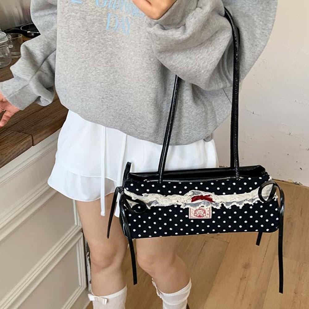 Lace French Stick Handbag Sweet PU Shoulder Bag Shopping Polka Dot Underarm Bags  Women