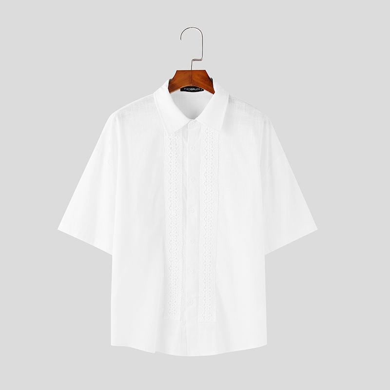 

INCERUN Men Lapel Neck Short Sleeve Lace Hem Buttons Up Casual Shirts 3XL білий